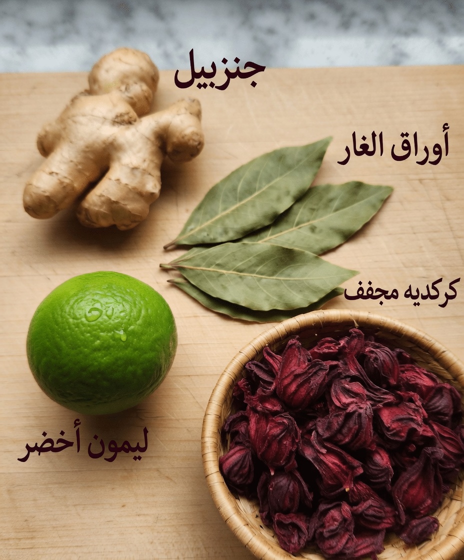 اكتشف كيفية تحضير مشروب الصباح بالزنجبيل والليمون وورق الغار والكركديه لروتينك اليومي للعافية