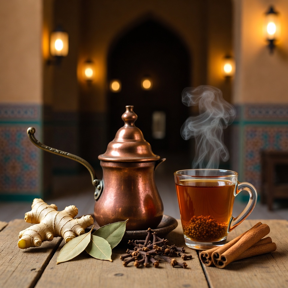 اكتشف القوة المهدئة لشاي الزنجبيل وورق الغار والقرفة والقرنفل للهدوء والراحة اليومية