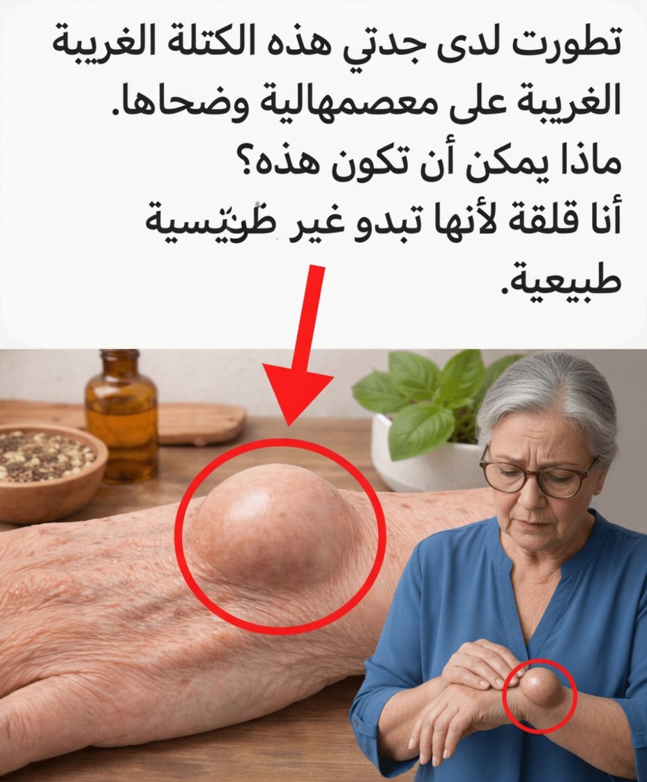 جدتي ظهر لديها هذا الورم الغريب على معصمها خلال ليلة واحدة. ما الذي قد يكون هذا؟ أنا قلق لأنه يبدو غير طبيعي