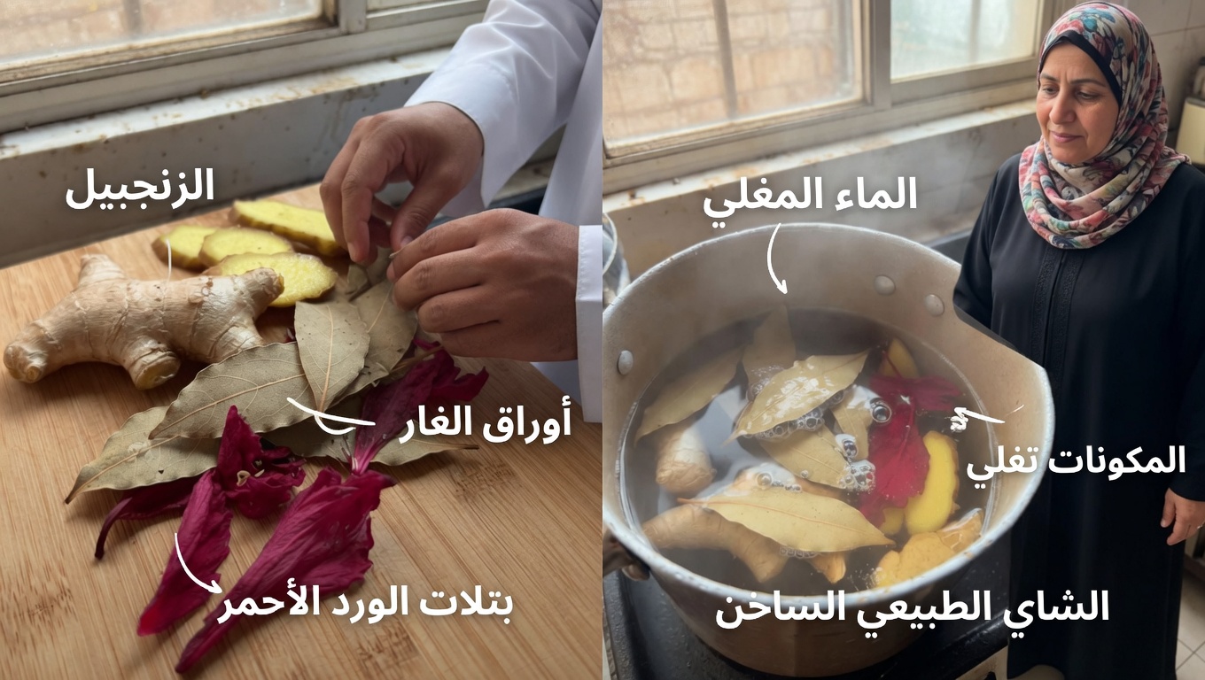 اكتشف مشروب الأعشاب المنعش بالزنجبيل وأوراق الغار والكركديه: طقس يومي بسيط لاستكشاف العافية