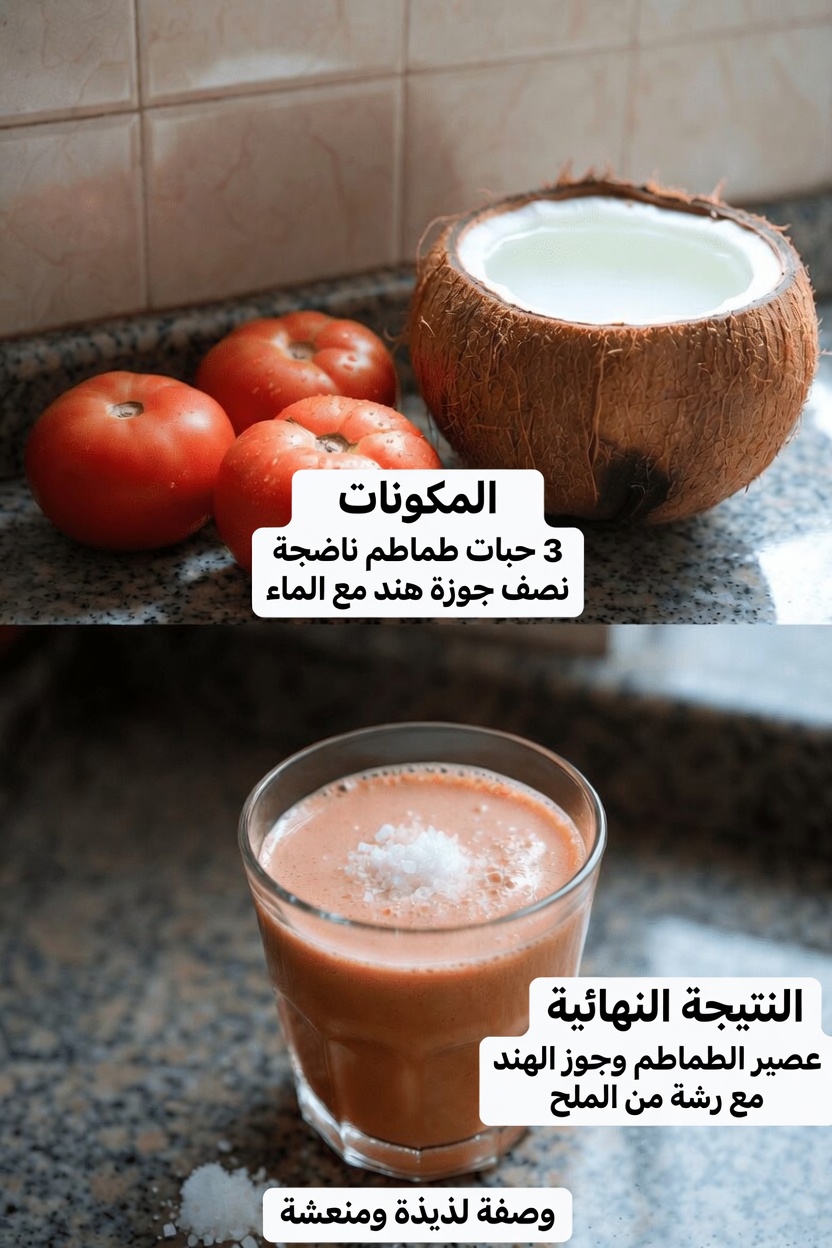 مشروب طبيعي بسيط بالطماطم وماء جوز الهند لدعم صحة الكلى والمسالك البولية والبروستاتا